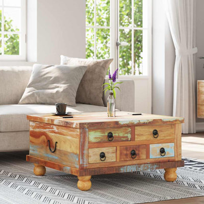 Table basse Table basse de salon en bois récupéré multicolore et panneau de fibres à densité moyenne