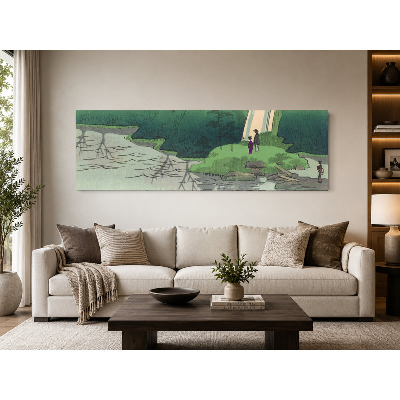Fleurs de cerisier et cascade - art mural sur toile panoramique, 72" W x 24" H