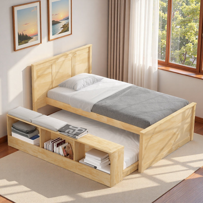 Lit plateforme en bois avec lit gigogne escamotable et compartiments de rangement latéraux, Lit simple, Naturel