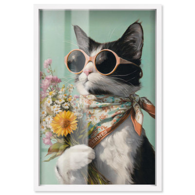 «Chat avec bouquet», art mural Glam par Art Remedy, cadre blanc, 11 x 16