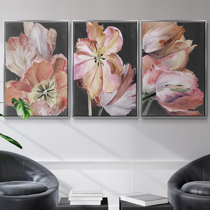 Pastel Parrot Tulips I, ensemble de 3 toiles encadrées sur toile, H 36 po x l 72 po, Argent