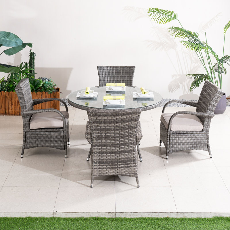 Ensemble repas pour 4 personnes en osier avec table ronde, coussins inclus, Brun