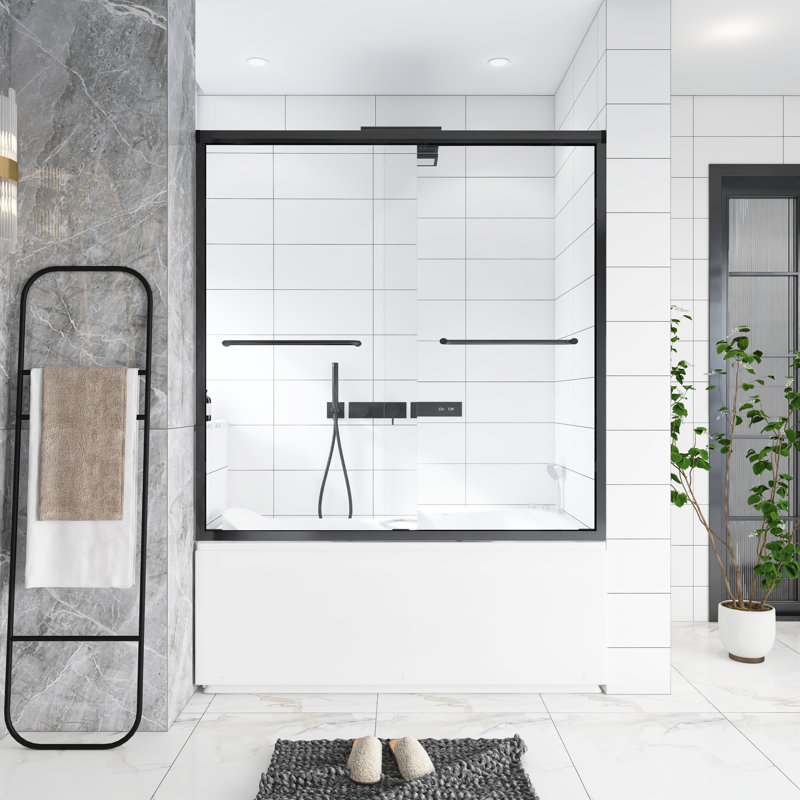 Cadre en aluminium coulissant double l 56 à 60 po x H 60 po avec porte de baignoire en verre trempé et poignée en acier inoxydable