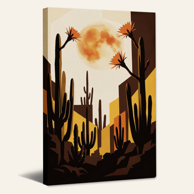 «Cactus Silhouettes Under Orange Moon», art mural sur toile