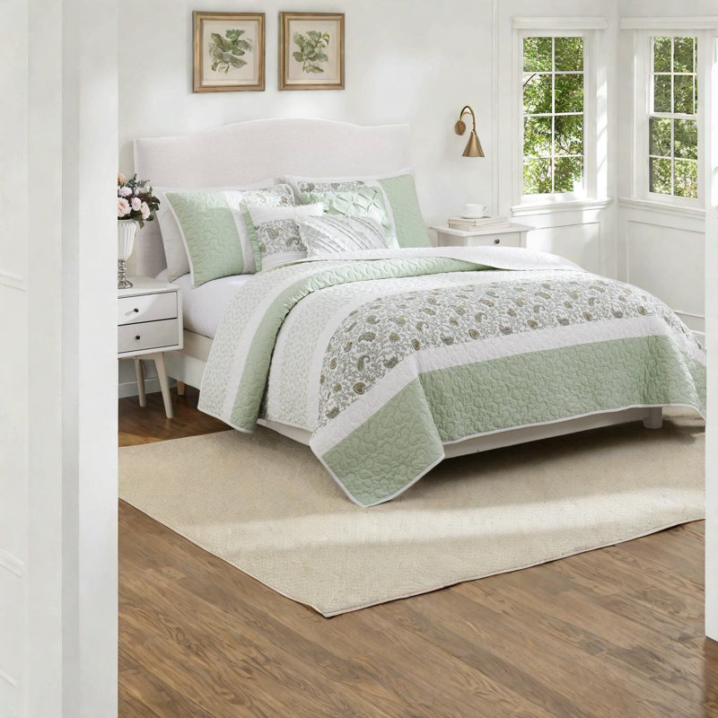 Ensembles de literie à motif floral chic, vert sauge en coton, style maison de campagne