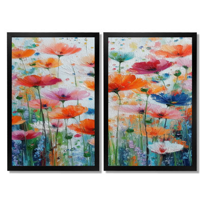 «Vibrant Meadows On Summer Daisies», impression encadrée de marguerites, art floral sur toile orange 2 pièces