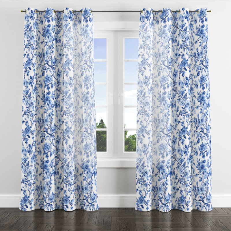 French Country Velvet Curtains - Blue French Garden Toile Grommet Curtain - 1 Panel, Gold Grommets, 52" W x 108" L