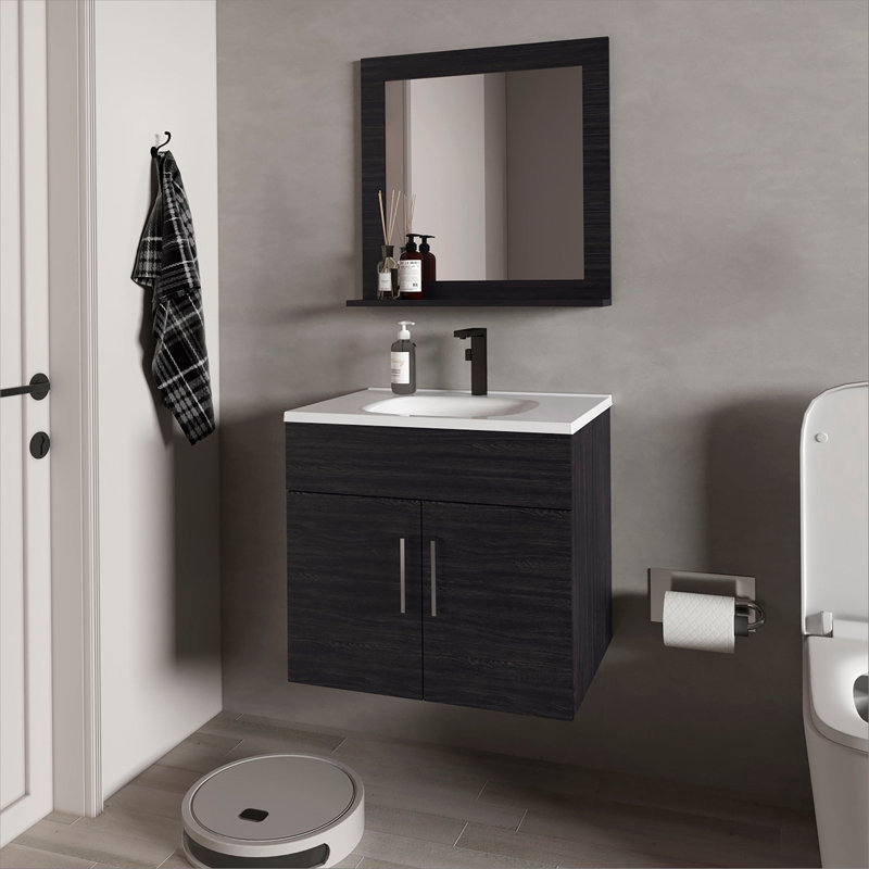 Ensemble de meuble-lavabo flottant 2 portes avec lavabo et miroir, Wengé