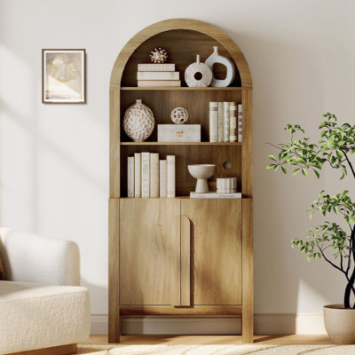 71" Tall Arched Bookshelf, Modern 5 Tier Bookcase With Cabinet, Wooden Display Cabinet With Doors And Adjustable Shelves, Versatile Bookshelf For Living Room, Study, Office