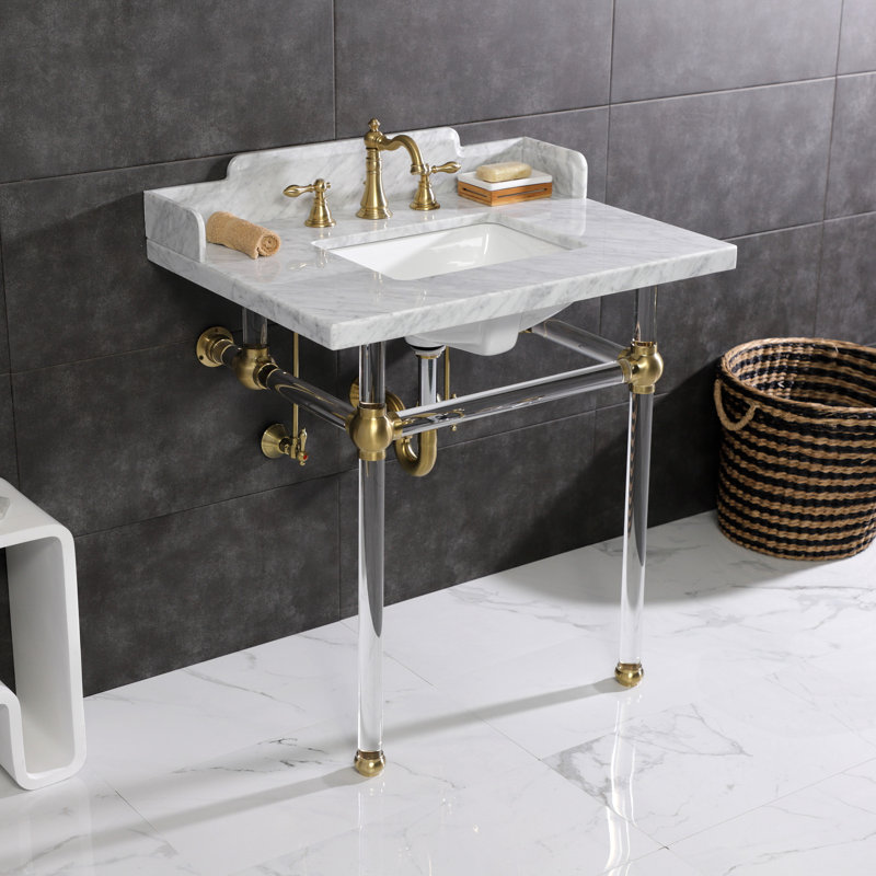 Kingston Brass Pemberton 30-Inch Carrara Marble Console Sink with Acrylic Legs (8-Inch, 3-Hole), Marble White/Brushed Brass