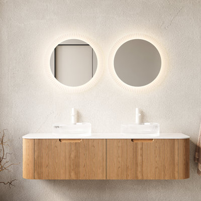 60" Bathroom Vanity With 2 Transparent Round Glass Basins, Floating Cabinet, Natural 3d Striped, Drawers, Soft Close System, Pre-assembled, Easy Installation Color, Striped Finish, Pre-assembled