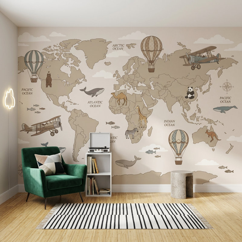 Papier peint carte du monde sur fond blanc, 100 po x 96 po, Peler et coller