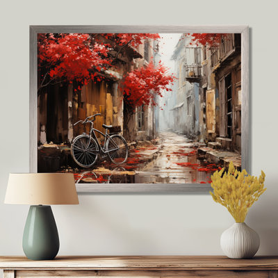 Crimson Ride Red Flowers I - Art mural de bicyclette pour le salon