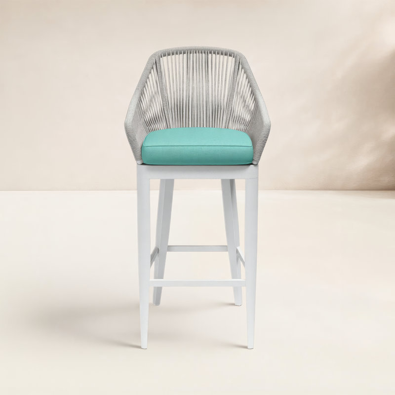 Miami Outdoor Bar Stool, Dupione Celeste Sunbrella®, White
