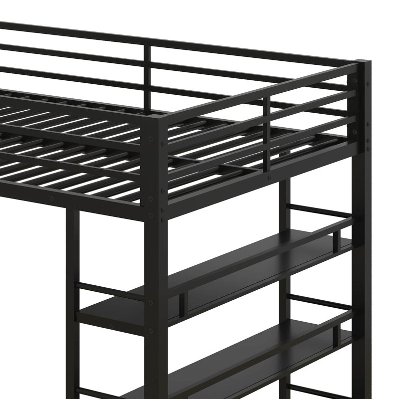 Lit mezzanine double en métal avec tablettes de rangement, armoires et garde-robe, lit mezzanine peu encombrant avec garde-corps et escalier