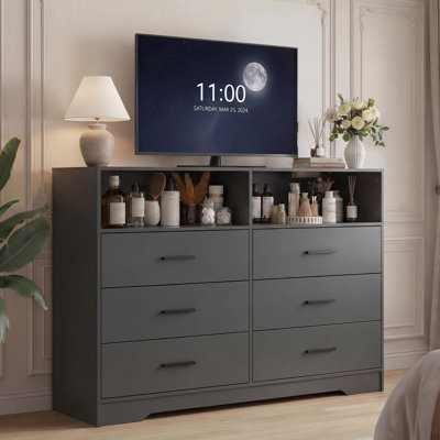 Modern 6-Drawer Wooden Dresser with Charging Station and Open Storage Shelf, Wide Multi-Functional Chest Doubles as TV Stand in White, Black & Pink fo