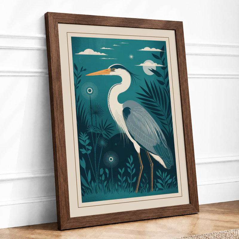 Heron in Wetland Coastal - Framed Print, A2 - 59.4 x 42.0 cm, Walnut