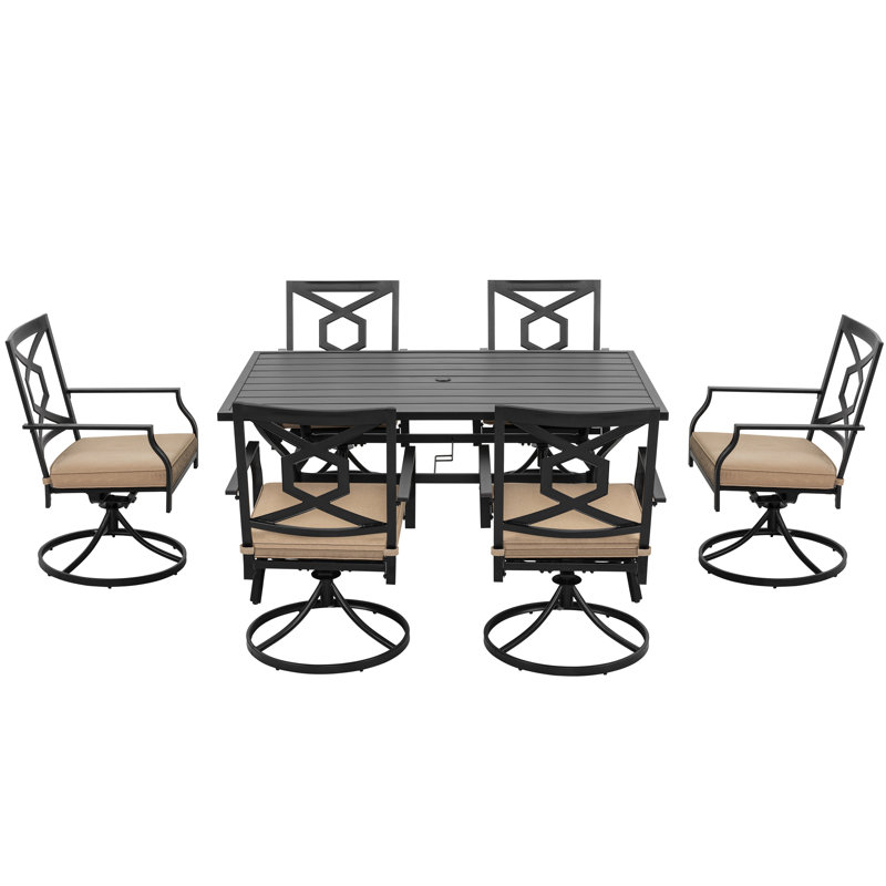 Dining Set with Cushions, 7 Pieces: Table, 6 Chairs, 28.9" H x 60.6" W x 37" D