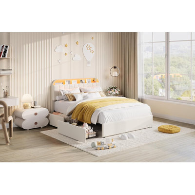 Structure de lit double, structure de lit tapissier Velet avec tête de lit réglable et 2 tiroirs, lit simple avec lumières DEL, pas de sommier nécessaire, assemblage facile, beige