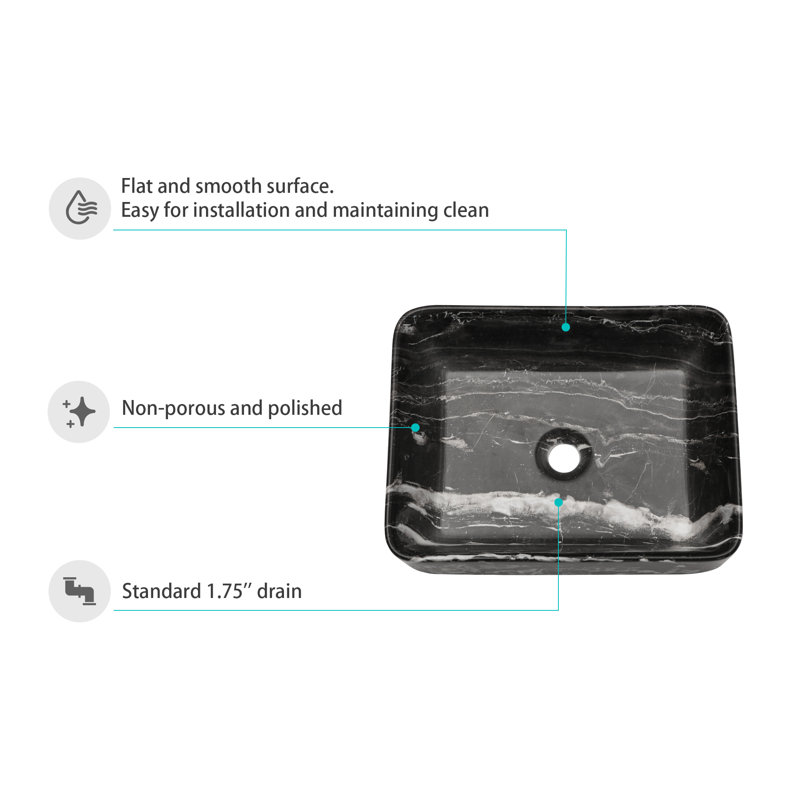 Black and Gray Marble Ceramic Rectangular Vessel Sink