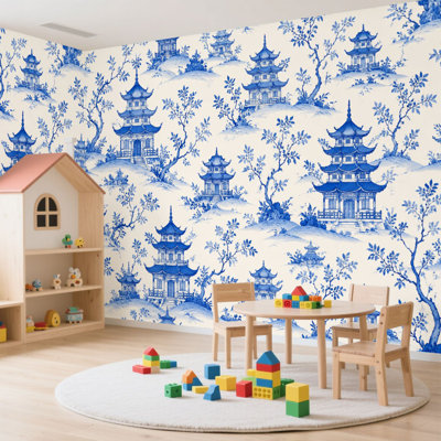 Papier peint auto-adhésif Belle encre de Chine pagodes des montagnes chinoises à motif d'arbres de contact autocollants amovibles pour salon Chambre à coucher H 100 po x l 144 po