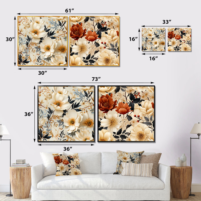 Kelia - Ensemble de 2 décorations murales florales, Encadrement brun, H 16 po x l 33 po x P 1 po