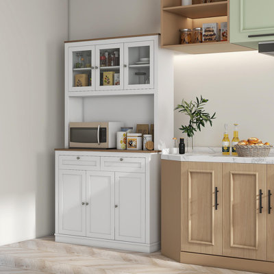 Armoire de rangement pour garde-manger de 71 po de hauteur avec support pour micro-ondes, buffet autoportant avec huche, 2 tiroirs, 5 portes, tablettes réglables et portes en verre pour la cuisine, la salle à manger, blanc