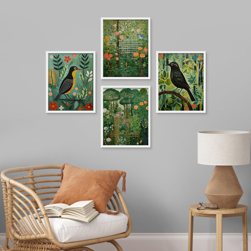 Birds And Lush Botanicals Vibrant Jungle And Garden, impression sur papier, 4 pièces, Blanc, H 10 po x l 8 po