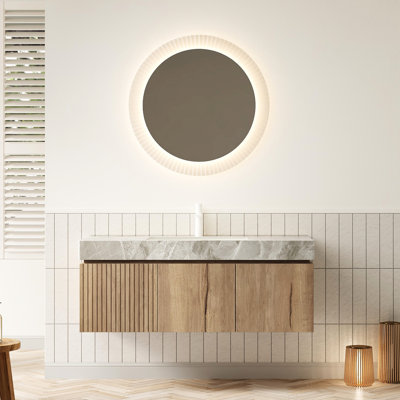 Meuble-lavabo 48 po, contreplaqué flottant, 2 portes, 1 tiroir, comptoir en pierre frittée grise, chêne blanc, pré-assemblé, armoire en contreplaqué avec portes et style