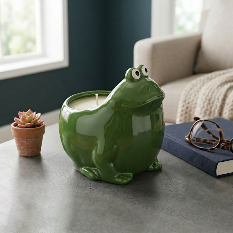 Decorative Frog Design Candle For Home Decor - Whimsical Scented Candle For Coffee Table, Bookshelf, Bedroom, Or Modern Living Room Decor - 7", Green