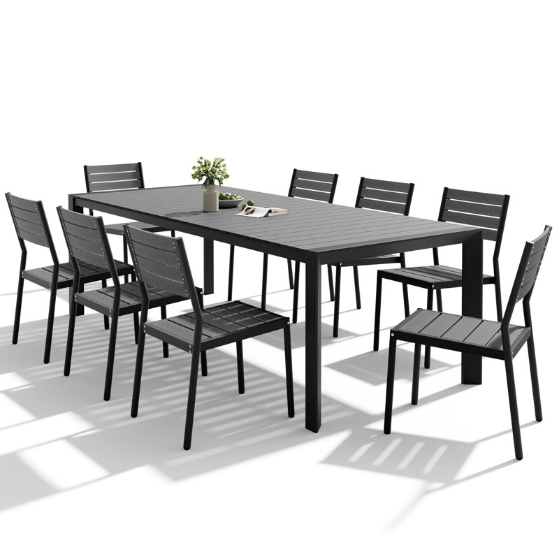 8 - Person 95'' W X 40'' D Aluminum Patio Dining Set With Umbrella Hole(2 Size) And Stackable Chairs, Gray