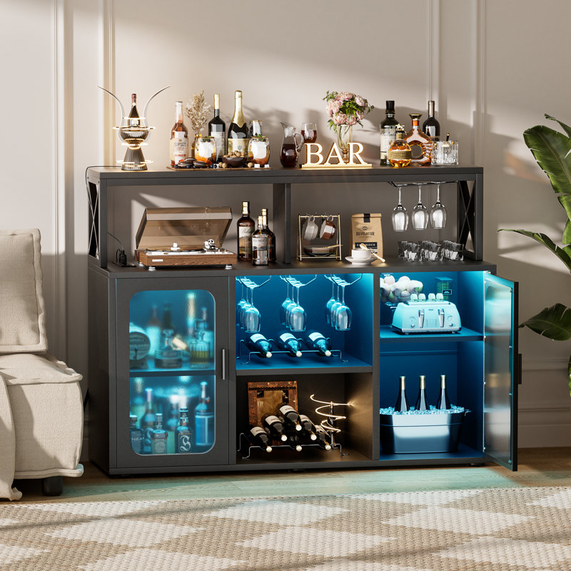 Asrf 47'' Wine Bar,Storage Buffet Cabinet Coffee Bar Cabinet For Liquor,Wine Cabinet With Racks with LEDs, Black