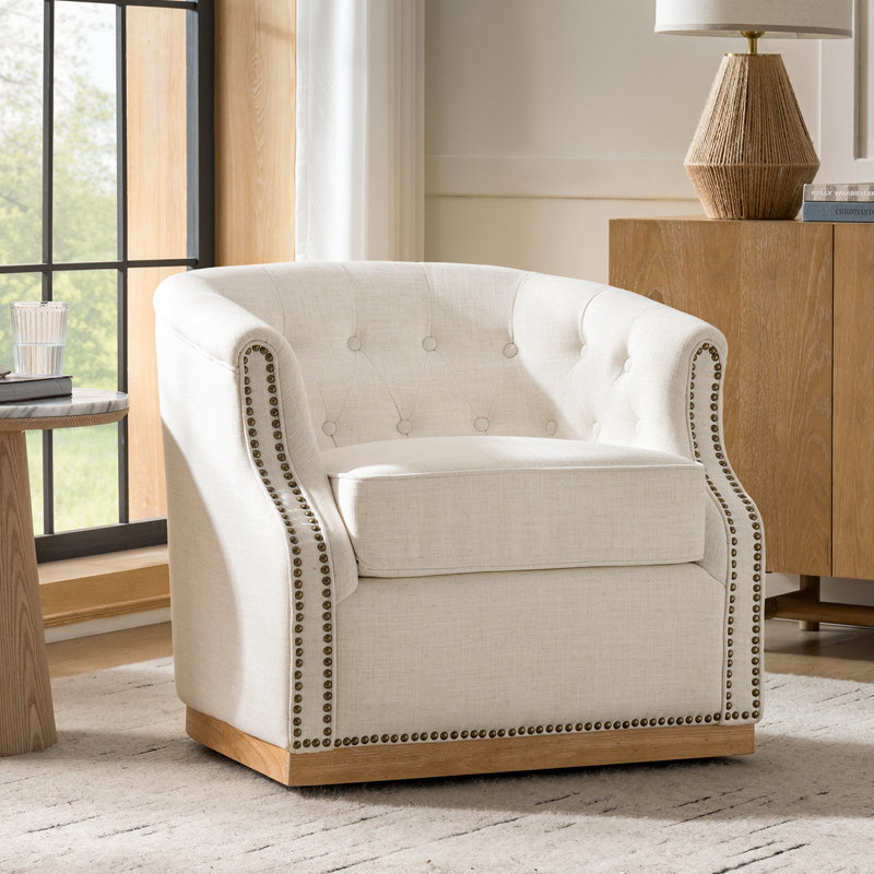 Nixmary Legend 31"W Farmhouse Upholstered Tufted Barrel Swivel Arm Chair with Fully Assembled, Ivory