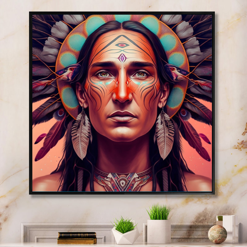 «Colorful Native American Man I», impression sur toile, H 36 po x l 36 po x P 1,5 po, Cadre flottant noir