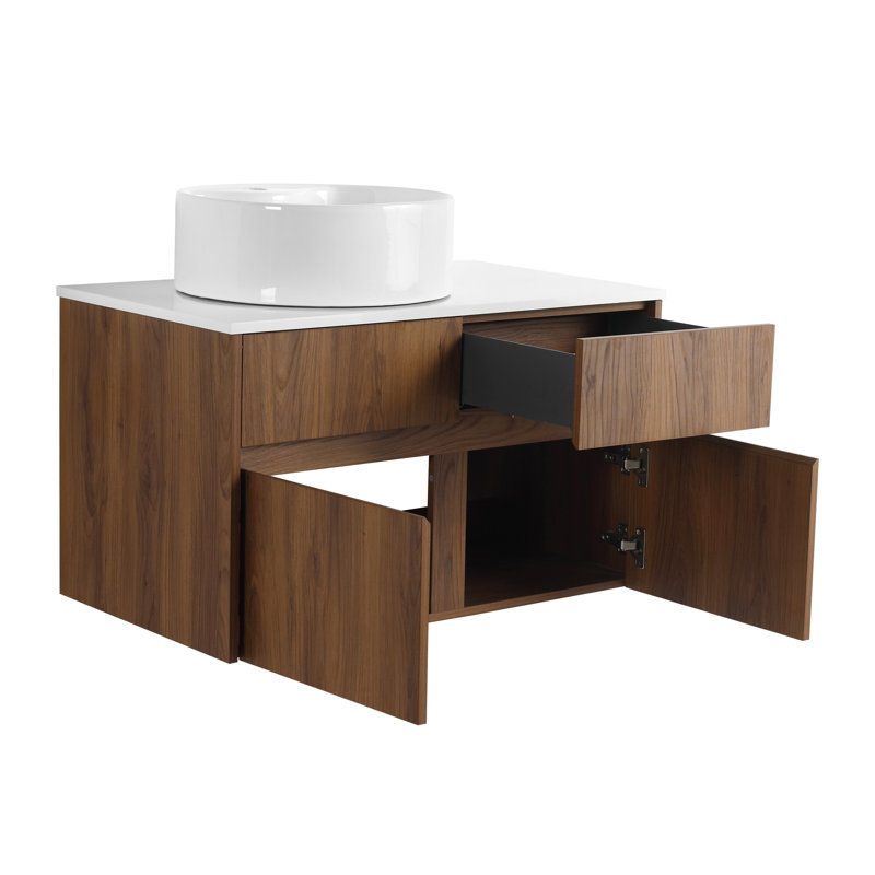 Meuble-lavabo mural de 81 cm (80 cm x 80 cm) avec lavabo en céramique décorative et comptoir plat, 2 portes à fermeture amortie et 1 tiroir, emballage démontable, contreplaqué - BAB3098MOWH