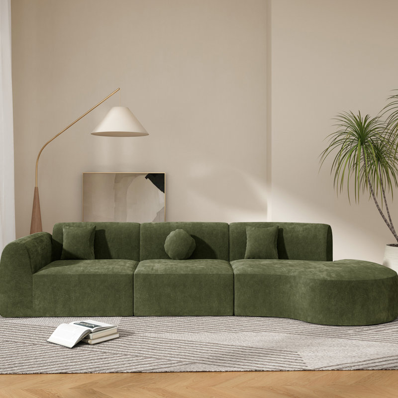 Canapé incurvé moderne de 140 pouces avec mousse haute densité, 3 éléments, orientation droite, entièrement assemblé, 4 places pour un espace de vie spacieux et relaxant.
