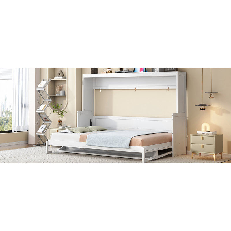 Grand lit blanc avec bureau hydraulique, espace de vie compact, structure solide assurant la stabilité, rangement intégré et matelas, charnières murales idéales pour matelas de 10 pouces, pratique, poids de 600 lb