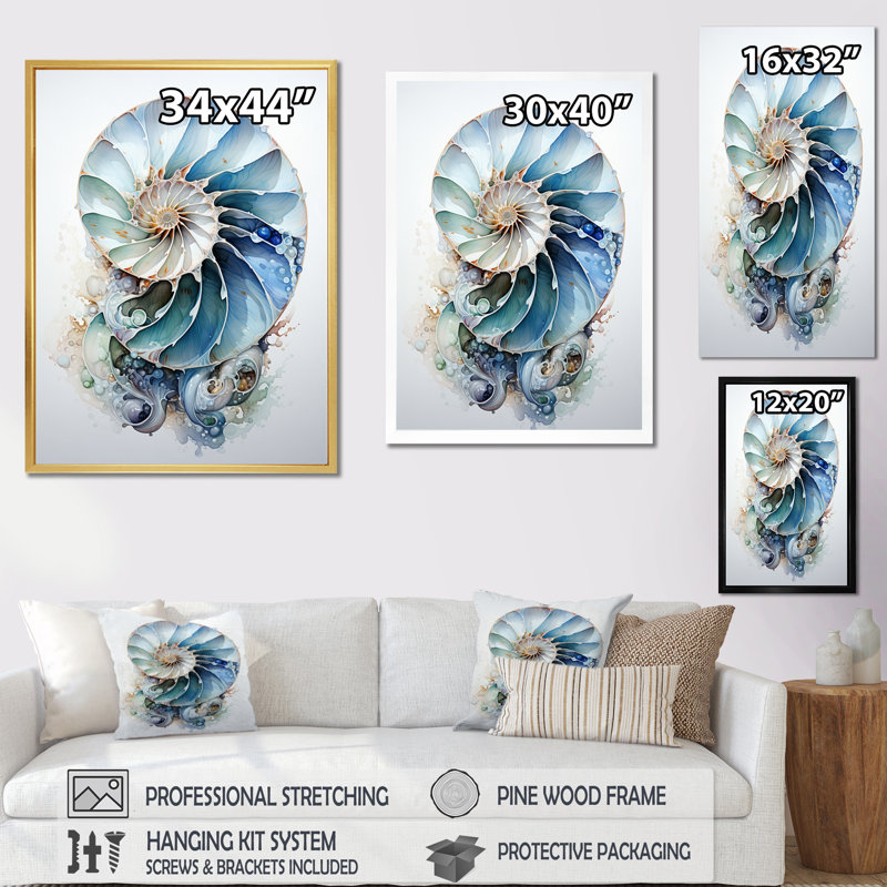 Nautilus Ocean Blue Sheels Symetry - Nautilus Wall Art, 32" H x 16" W, Wrapped Canvas, No Frame