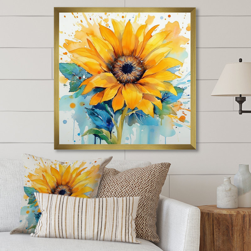 Jaune, bleu, doré, tournesols III, H 36 po x l 36 po x P 1,5 po, Encadrement doré