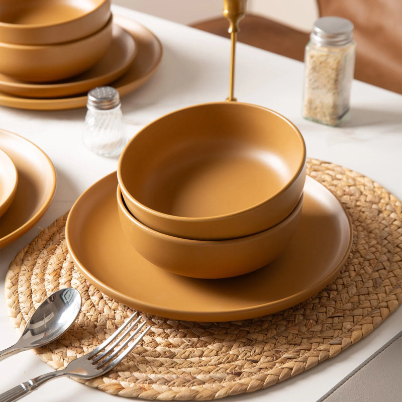 Service de table 12 pièces en grès, service pour 4 avec assiettes et bols, vaisselle empilable allant au lave-vaisselle et au micro-ondes, ustensiles de cuisine glaçure mat non toxique