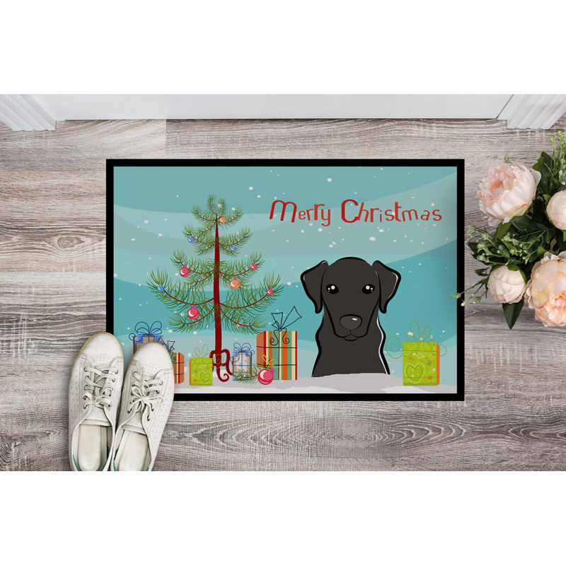 Tapis de porte pour l’extérieur anti-dérapant noir sapin de noël et noir labrador, Rectangle 2 pi x 3 pi