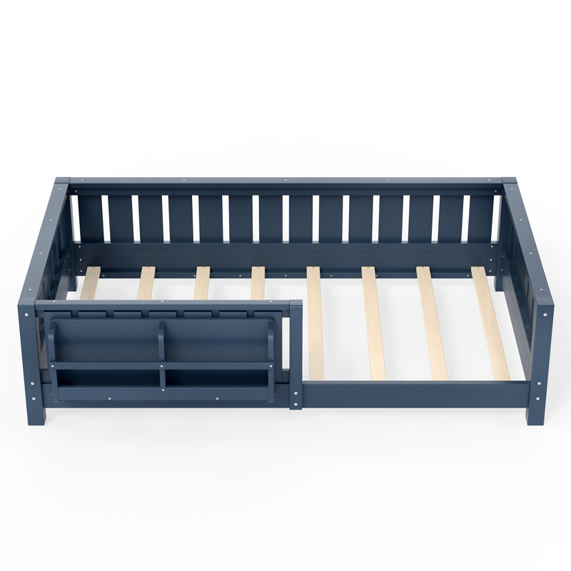 Structure de lit simple avec tête de lit bibliothèque, garde-corps de sécurité, lit de rangement pour enfants, bleu, Bleu
