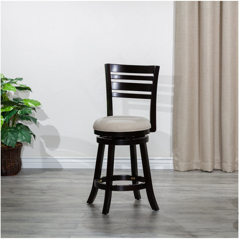 24" Counter Height Slat Back Swivel Stool, Espresso Finish, Beige Fabric Seat, White, Espresso