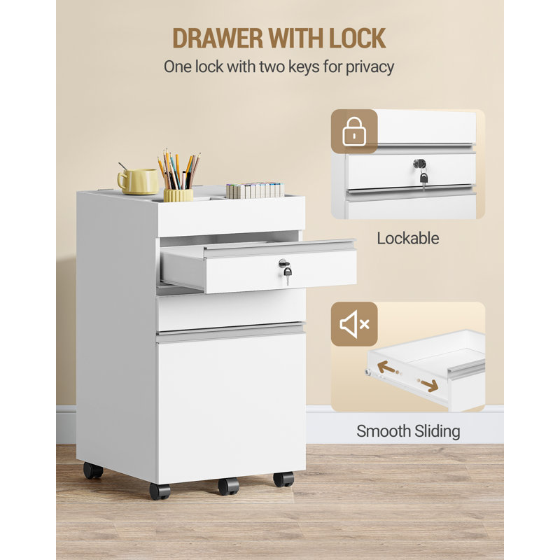 3-Drawer Mobile File Cabinet, Filing Cabinet with Lock and Wheels, Under Desk Storage, Fits A4, Legal, Letter, for Home, Office and School, 40 x 40 x 65 cm, White