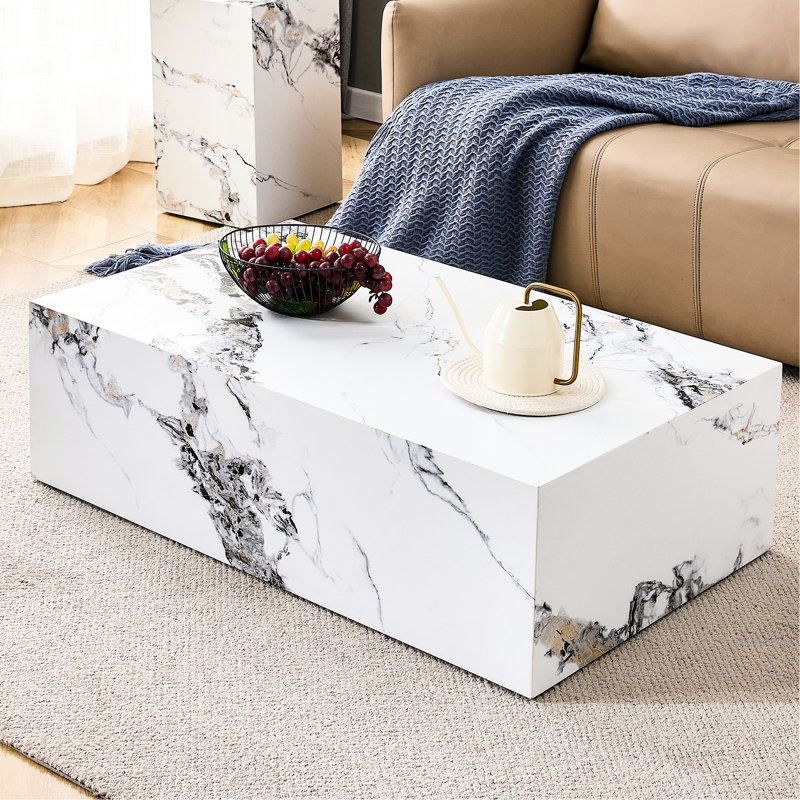 Élégante table basse blanche de 39,54 x 23,42 x 11,73 pouces, avec un attrait marbré, un magnétisme de table élégant, blanc