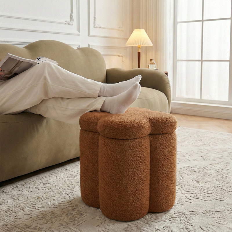 17" Upholstered Flower Ottoman with Storage, Brown