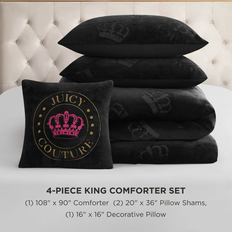 Juicy Couture Embossed Plush Crown Comforter Sets, King + 3 Additional Pieces, Black
