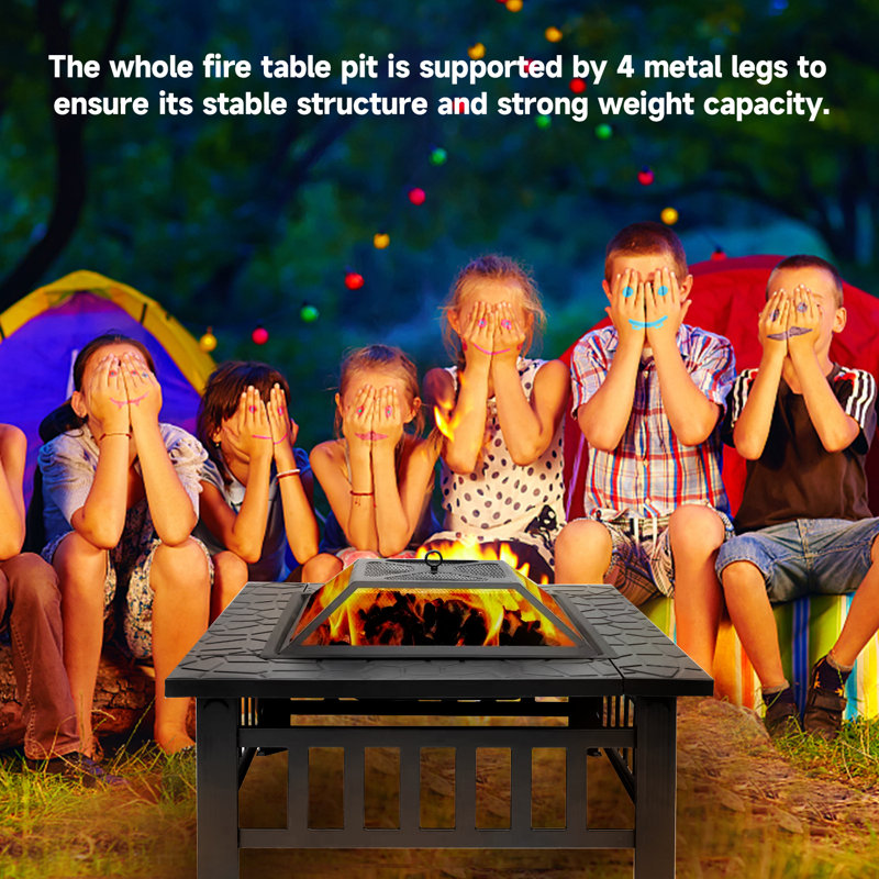 32'' Black Steel Gas Fire Pit Table with Mesh Lid