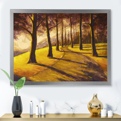 Chemin de randonnée pédestre dans la forêt ensoleillée, impression sur toile