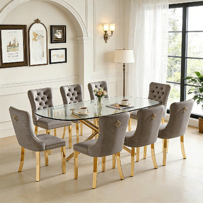 Ensemble de table de salle à manger 71 ", ensemble de table de salle à manger moderne avec plateau en verre trempé, chaises en velours et pieds en métal doré
